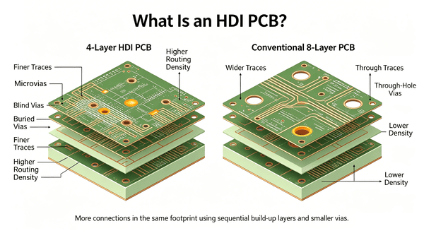 HDI PCB層構造図:マイクロビアと埋め込みビアと従来のスルーホールとの比較
