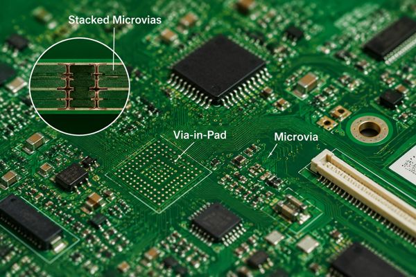 短い信号経路設計でのマイクロビア接続を示すHDI基板のクローズアップ