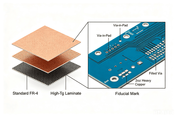 高Tgラミネート、ヘビー銅、充填ビア、フィデューシャルマークを備えた車載PCB