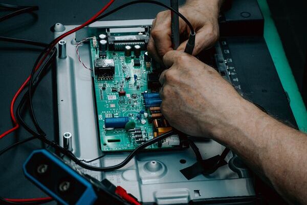 マルチメータで車載PCB回路基板を検査する技術者