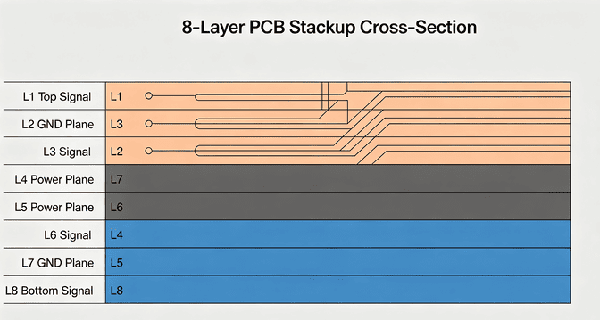 8層PCBスタックアップ断面図