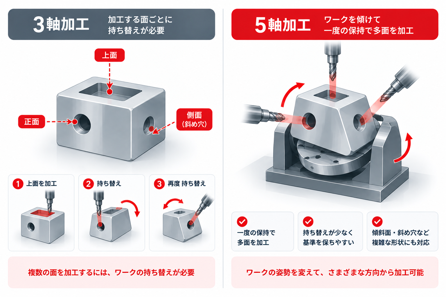 3軸加工と5軸加工の違いを示す比較図。3軸では加工面ごとにワークを持ち替え、5軸ではワークを傾けて一度の保持で多面加工できるイメージ