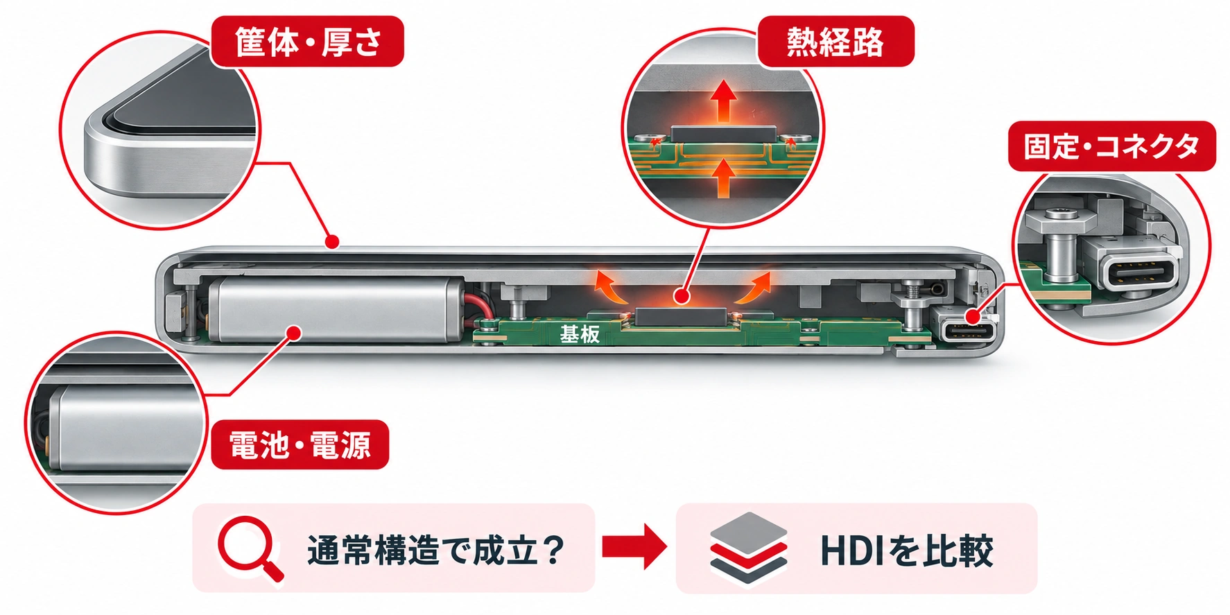 携帯型AI機器のHDI基板比較条件図