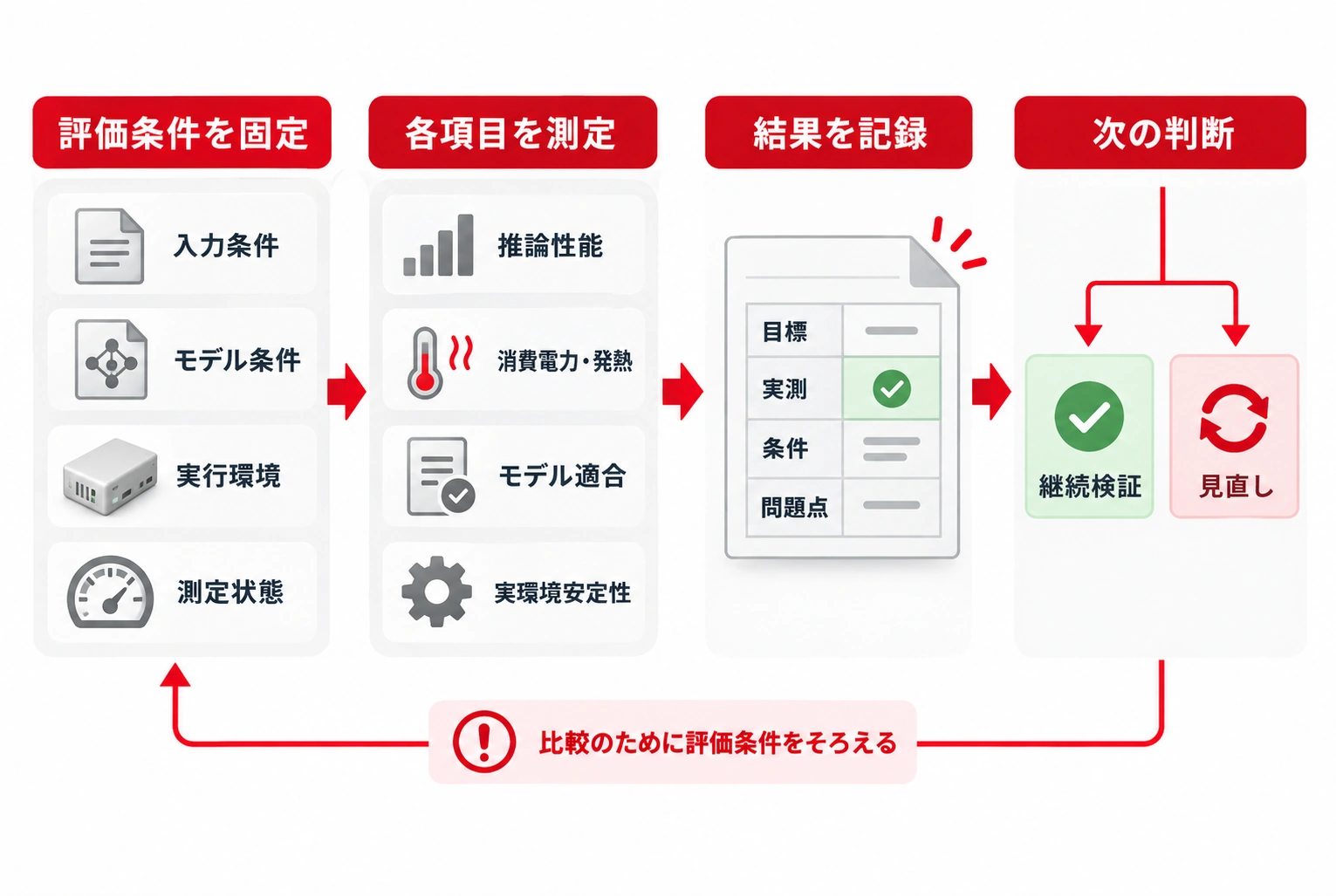 エッジAIモジュールPoCの評価条件と記録の関係図