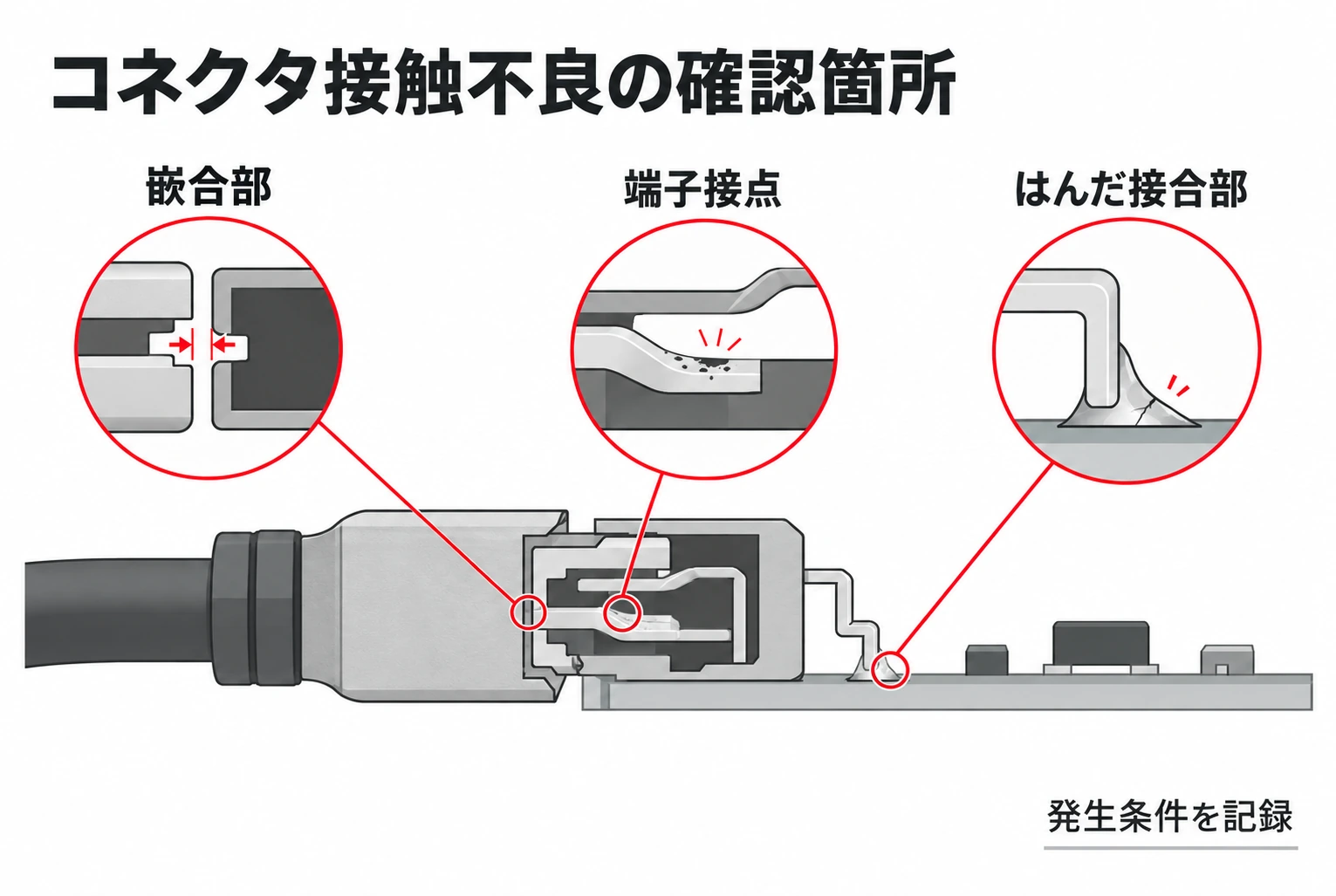 基板用コネクタの接触不良が起きる嵌合部、端子接点、基板側はんだ接合部と、それぞれの確認箇所を示す模式図