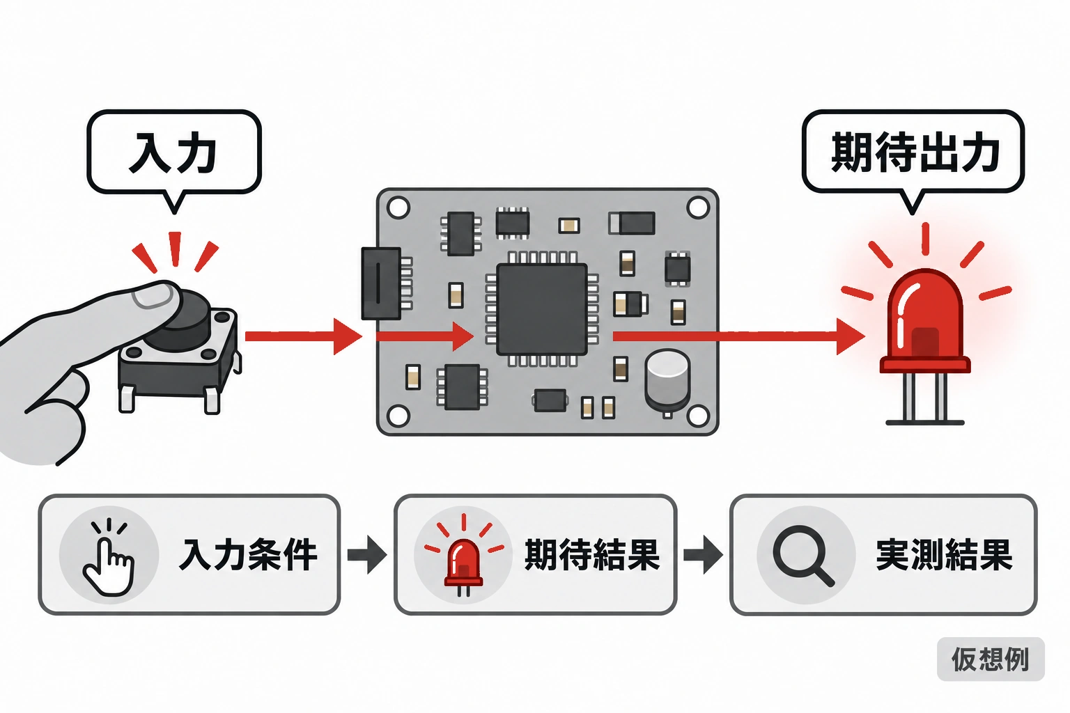ボタン入力に対する基板のLED出力を期待結果と照合する機能検査の例