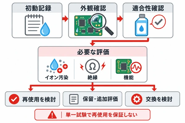 水濡れした基板の初動確認から洗浄後の評価、再使用判断までの流れ