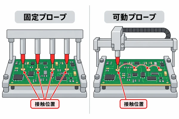 固定式治具と飛行プローブが基板上の導体接点に接触する方法の比較図