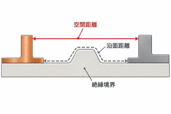 車載高電圧基板の実装断面で空間距離と沿面距離の経路を示す概念図