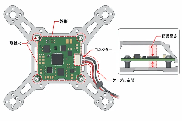 ドローン基板の外形、取付穴、コネクター、ケーブル空間を機体フレームと照合する図