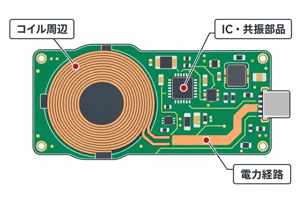 ワイヤレス充電モジュールの発熱箇所ごとに確認対象を分けた図解