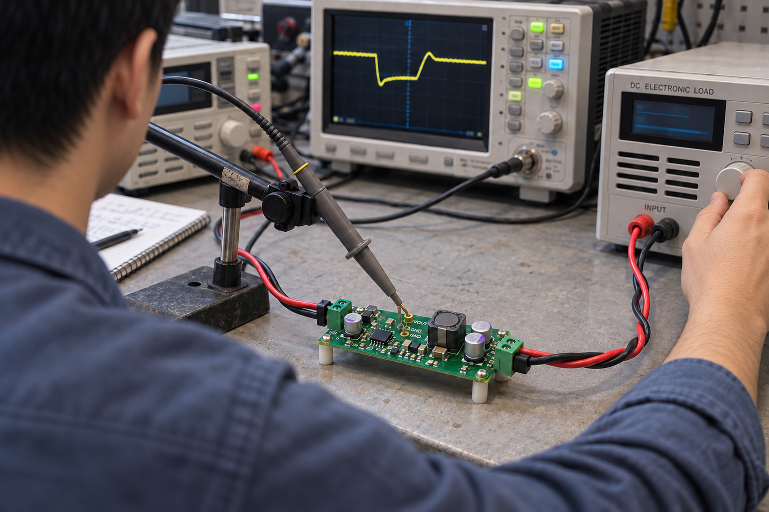 オシロスコープで電源応答を測定する様子