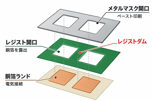 銅箔ランド・レジスト開口・メタルマスク開口とレジストダムの違い