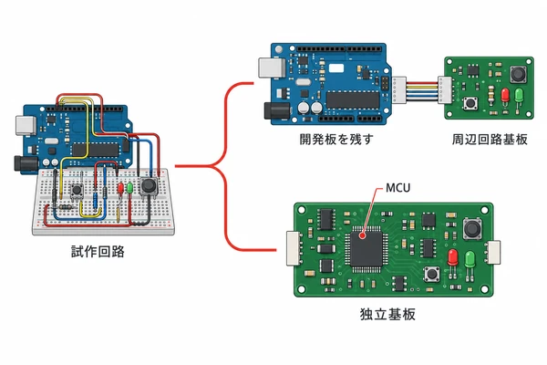 Arduino試作回路から周辺回路基板へ接続する構成とMCUを含む独立基板の比較